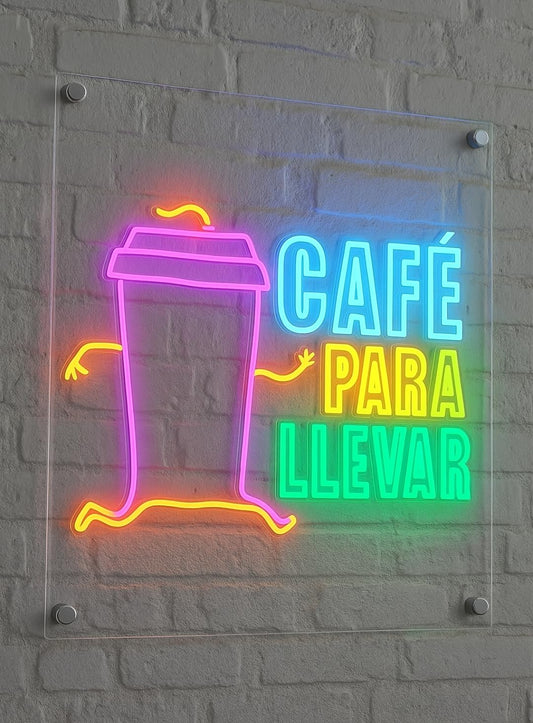 Letrero de Neón LED 'Café Para Llevar', Decoración de Pared, Montaje en Acrílico Transparente, Multicolor