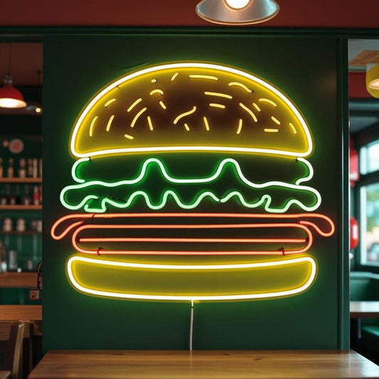 Letrero de neón de hamburguesa, Letrero de neón de comida rápida, Letrero de neón de comida, Letrero de neón de restaurante