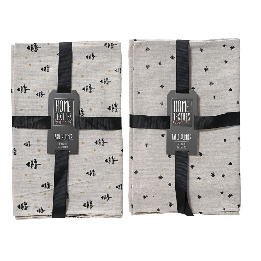 CAMINO DE MESA CON ESTAMPADOS EN NEGRO, 2 MODELOS, 32x150cm.