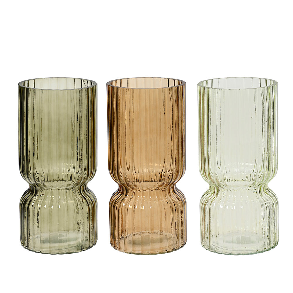 JARRÓN DE CRISTAL TUBULAR ONDULADO, 3 COLORES, Ø11 x 23 cm