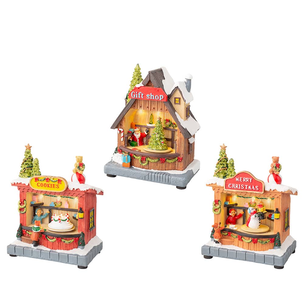 ESCENA NAVIDEÑA CON MOVIMIENTO Y LUZ, TEMÁTICA DE TIENDAS, MODELOS VARIADOS; 14,30 x 10,00 x 17,50 cm