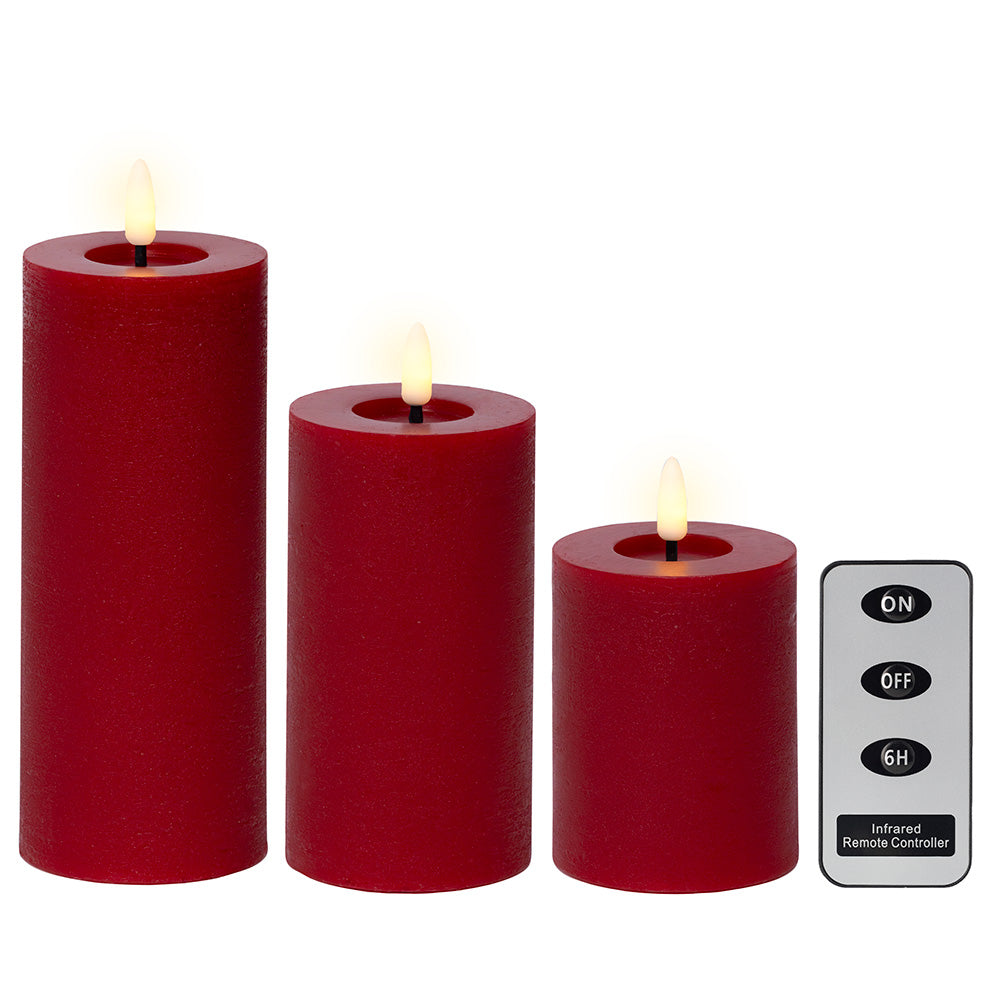 VELA DE CERA LED COLOR ROJO, ACABADO RÚSTICO, Ø7 cm CON DIFERENTES ALTURAS, 3 uds