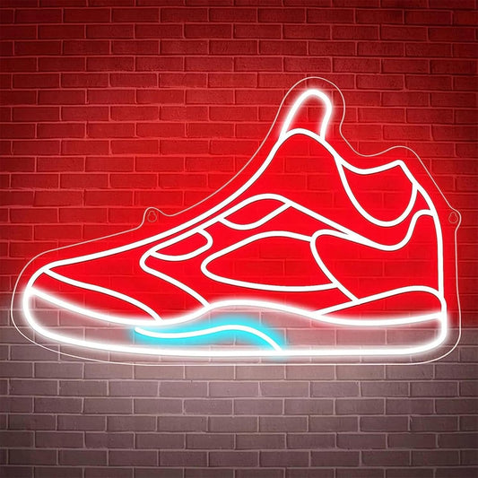 Letrero de Neón LED Decorativo, Diseño de Zapatilla Deportiva, Iluminación Roja y Azul para Tienda