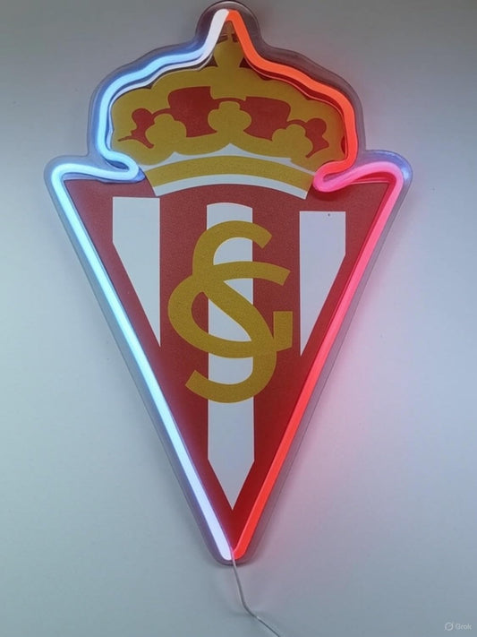 Letrero LED Decorativo del Club de Fútbol regalo Diseño Escudo Iluminado, Rojo y Dorado Gijón