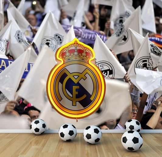 Cartel neón led regalo Real Madrid escudos Decoración de Fútbol, Blanco y Dorado Metacrilato,neón,vinilo, liga de fútbol Medidas 40 x30 cm