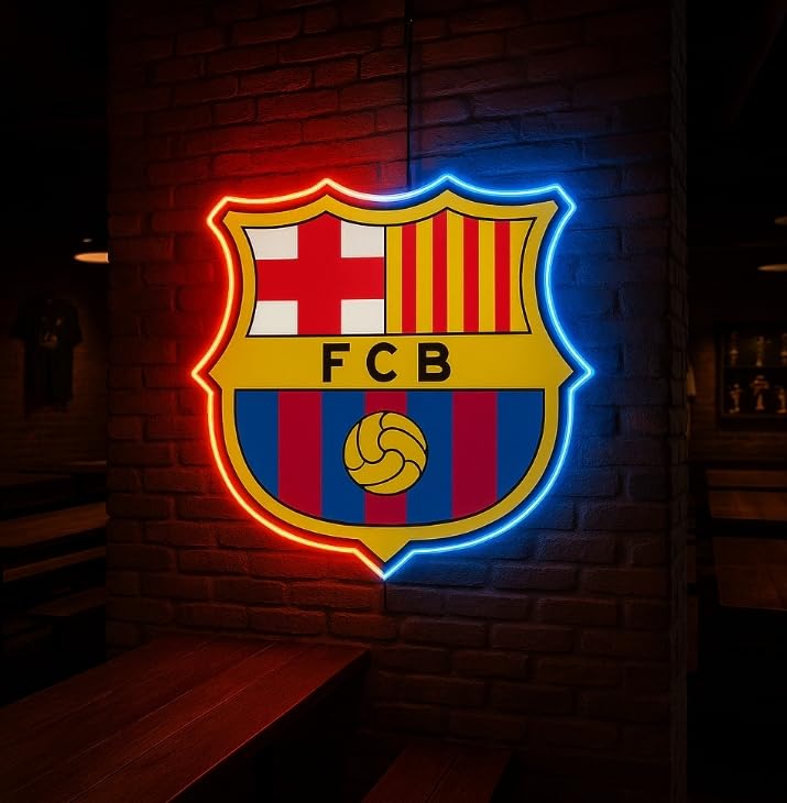 escudo REGALO Barcelona fútbol con Pantalla metacrilato y vinilo con neón LED de Bar Deportivo, de la liga de futbol, Ambiente de Pub MEDIDAS 35X30CM mando a distacia incluido