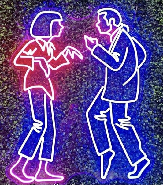 Letrero de Neón LED Decorativo,Luz de letrero LED de neón Pulp Fiction icónica escena de baile fan arte decorac Diseño de Siluetas Artísticas, Iluminación Multicolor Azul y Rosa, Montaje en Pared