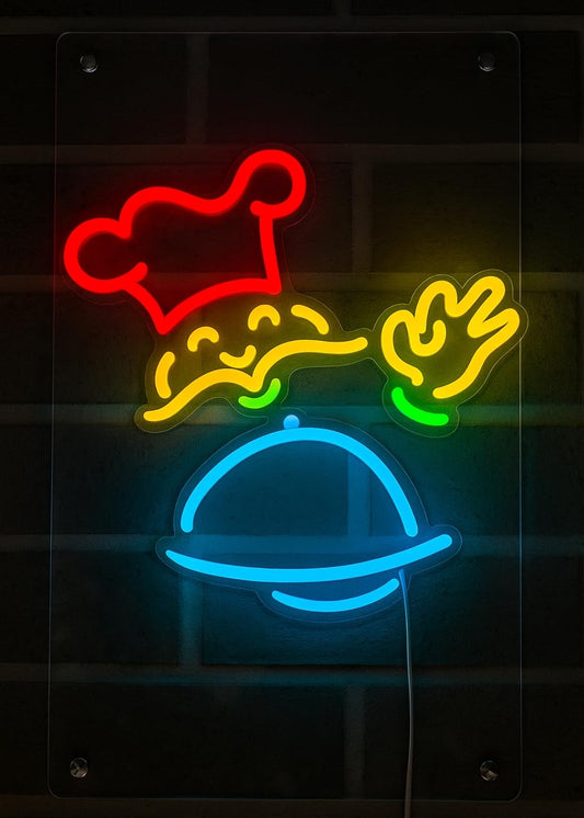Lámpara de Neón LED Decorativa, Diseño de Chef y Plato, Multicolor, Montaje en Pared