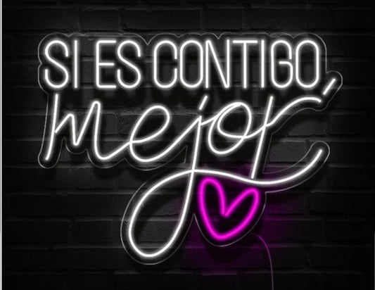 Letrero de Neón LED 'Si es Contigo', Cartel Luminoso Decorativo con Corazón, Luz Blanca y Rosa