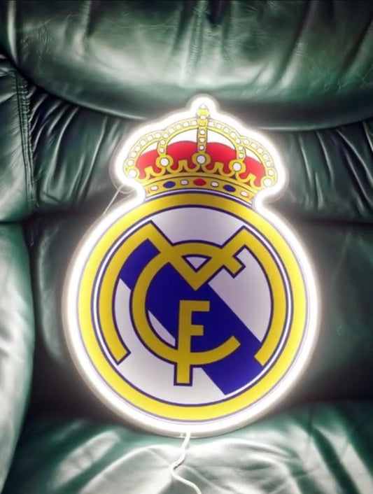 1 escudo Real Madrid con Pantalla metacrilato y vinilo con neón LED de Bar Deportivo, de la lga de futbol, Ambiente de Pub