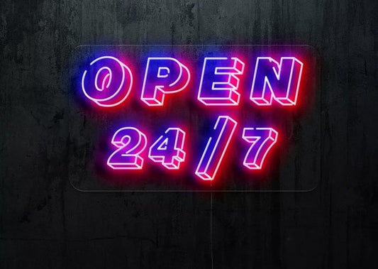 Letrero de Neón LED 'OPEN 24/7', Iluminación Azul y Rosa, Estilo Moderno