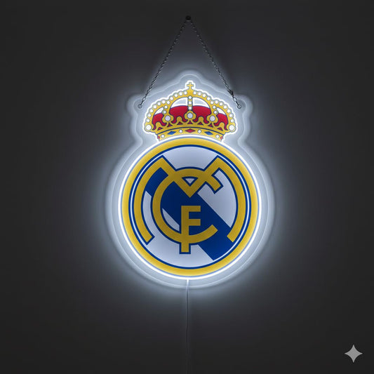 Carrel escudo Real Madrid liga Fútbol Emblema Deportivo, Azul y Dorado neón led vinilo y metacrilato medidas 40x30cm con alimentación 12v