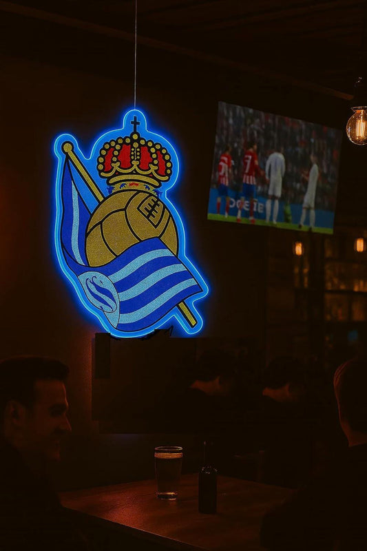 cartel escudo de neón led flex metacrilato y vinilo de LA REAL SOCIEDAD de la liga de fútbol,regalo, para pared de un bar