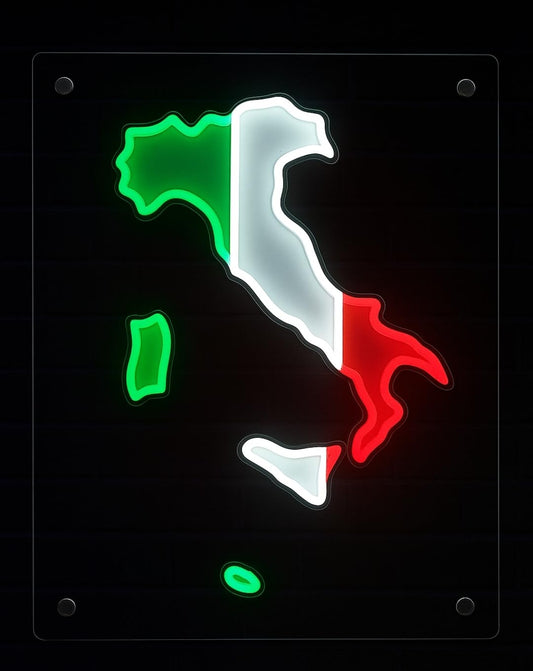 Letrero de Neón LED Italia, Diseño del Mapa Nacional, Iluminación Tricolor Verde-Blanco-Rojo, Montaje en Pared