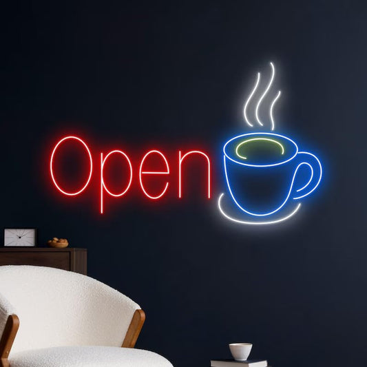 Cartel Luminoso LED de Neón para Cafetería, Letrero 'Open' con Taza de Café, Decoración de Pared
