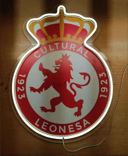 Cartel Luminoso neon y metacrilato,vinilo Cultural fútbol con Corona, LED Decorativo, Rojo y Dorado 40x30 cm medidas