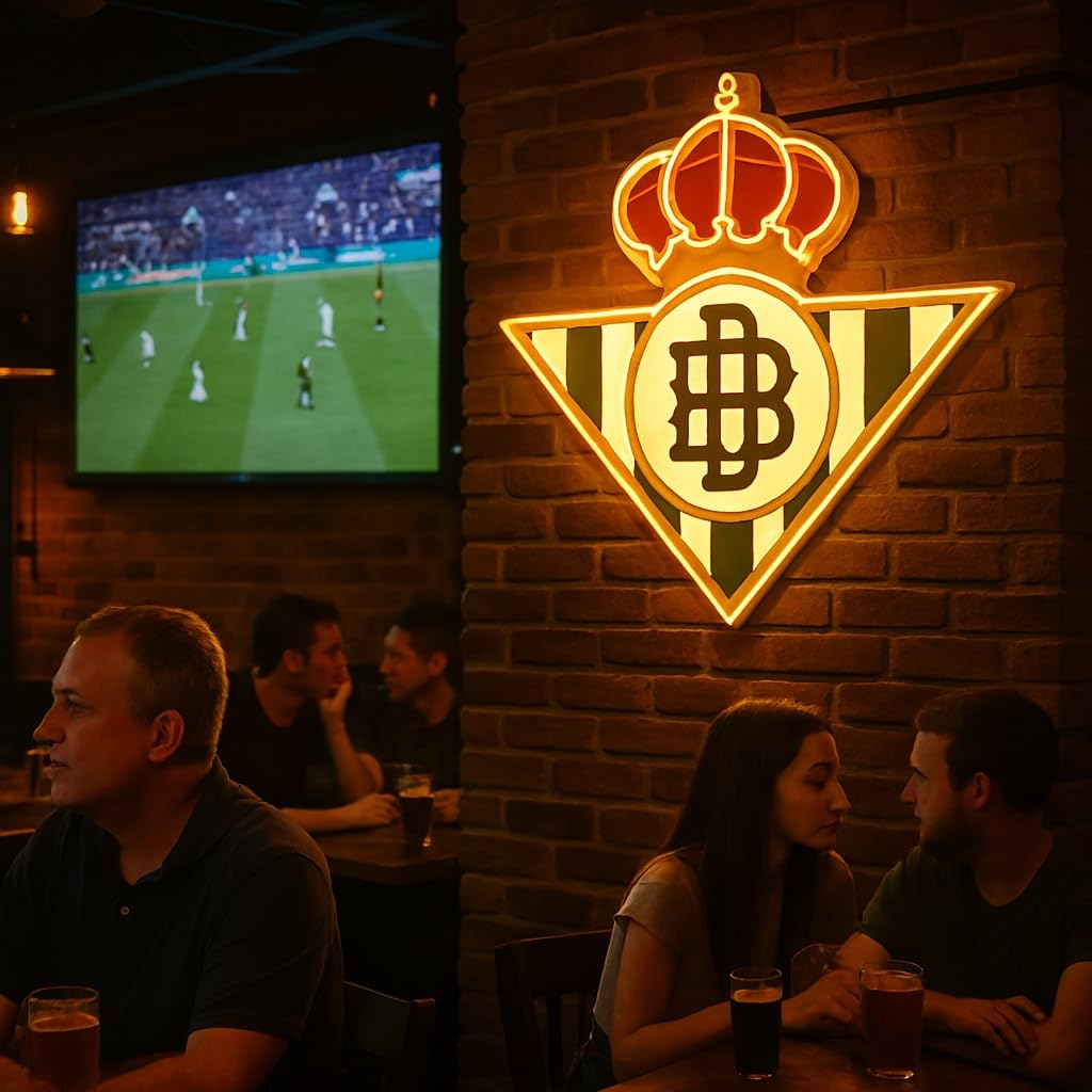 Lámpara neón LED de Pared regalo con Diseño fútbol sevillanano Betis de Corona Real, Verde y Dorado, Iluminación Decorativa