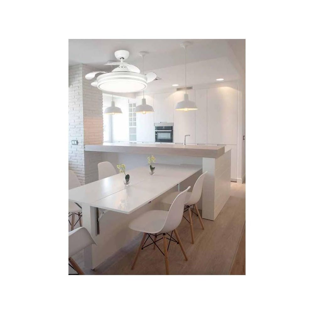FABRILAMP - Ventilador de Techo con Luz LED 59W | Motor DC Modelo BAYOMO | 4 Aspas Retráctiles | 3 Tonalidades | 6 Velocidades | Control Remoto | Temporizador | Silencioso, Blanco, Mediano