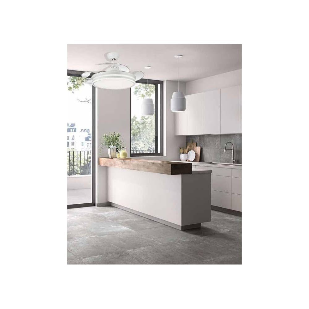 FABRILAMP - Ventilador de Techo con Luz LED 59W | Motor DC Modelo BAYOMO | 4 Aspas Retráctiles | 3 Tonalidades | 6 Velocidades | Control Remoto | Temporizador | Silencioso, Blanco, Mediano