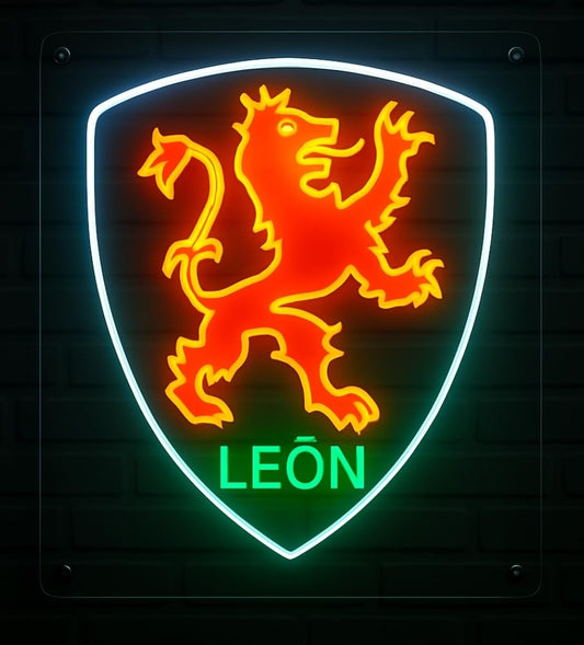 Letrero LED Decorativo Neón León, Escudo Heráldico Luminoso, Amarillo y Verde, Montaje en Pared