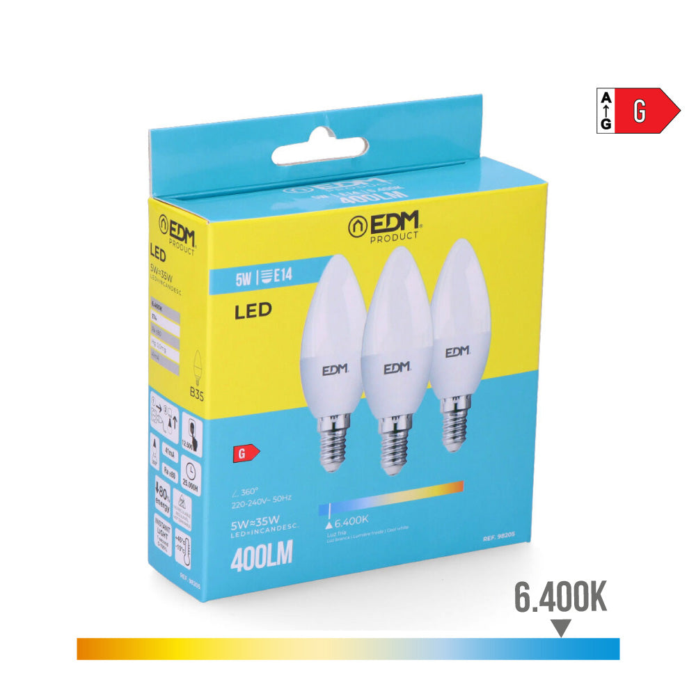 KIT 3 BOMBILLAS VELA LED E14 5 W 400 lm 6400 K LUZ FRIA Ø3,6 x 10 cm