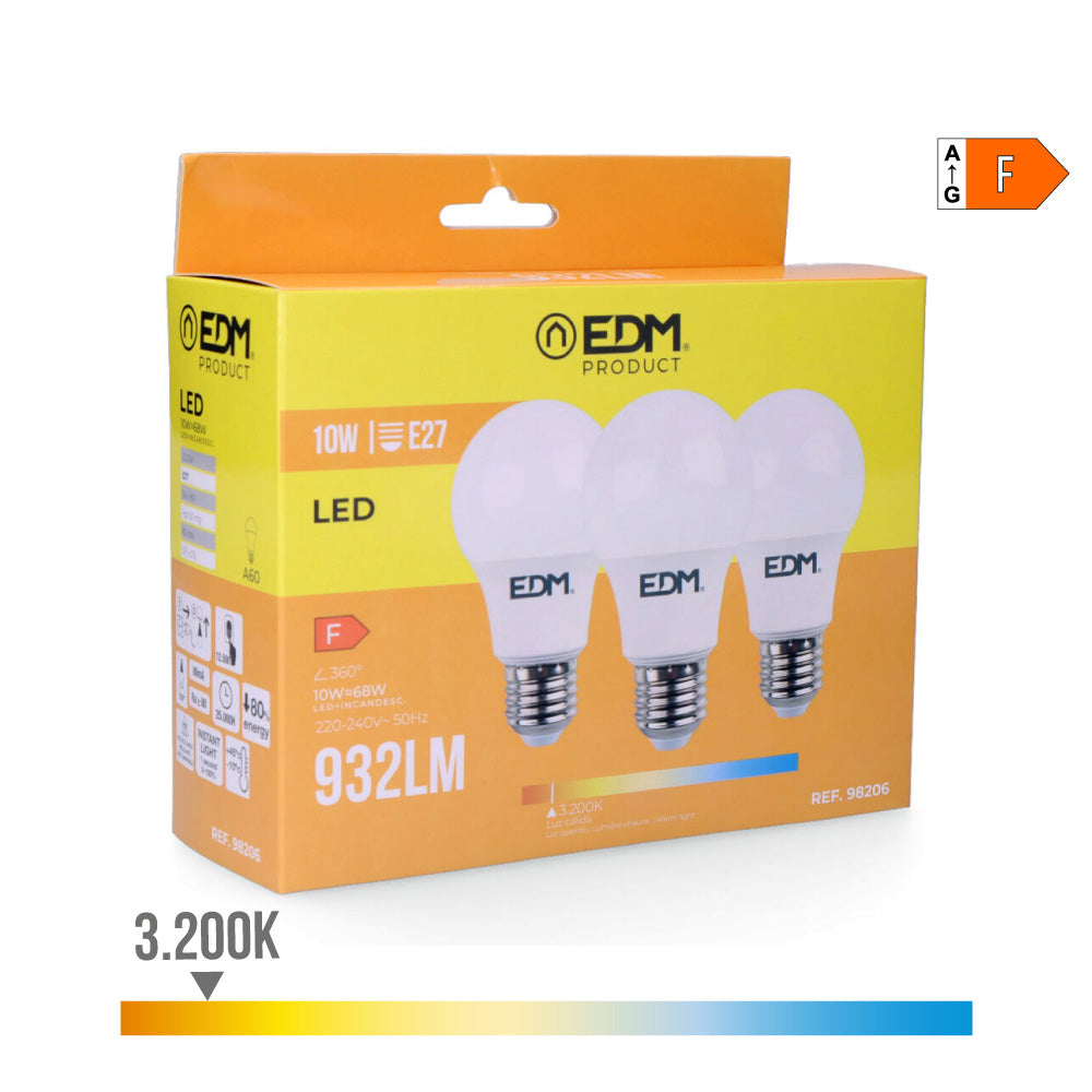 KIT 3 BOMBILLAS STANDARD LED E27 10 W 932 lm 3200 K LUZ CALIDA Ø6 x 10,8 cm