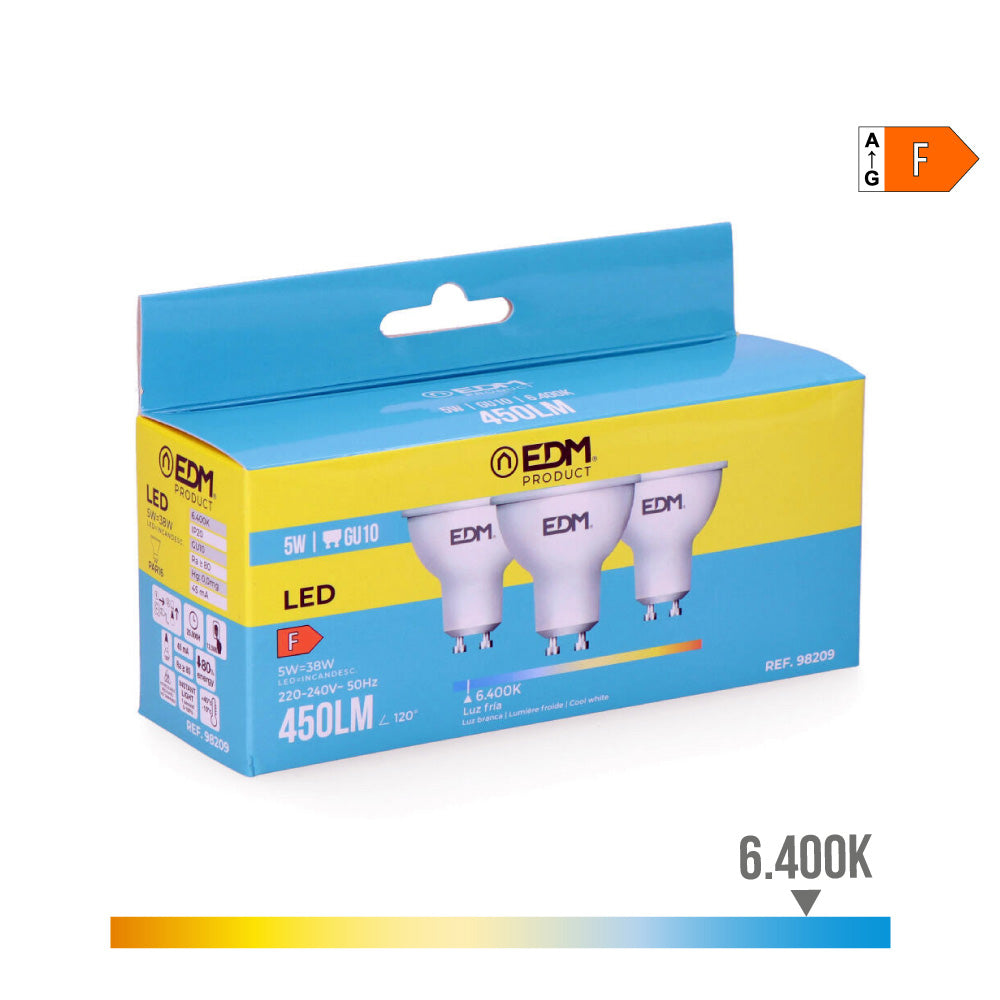 KIT 3 BOMBILLAS DICROICAS LED GU10 5 W 450 lm 6400 K LUZ FRIA Ø5 x 5,5 cm