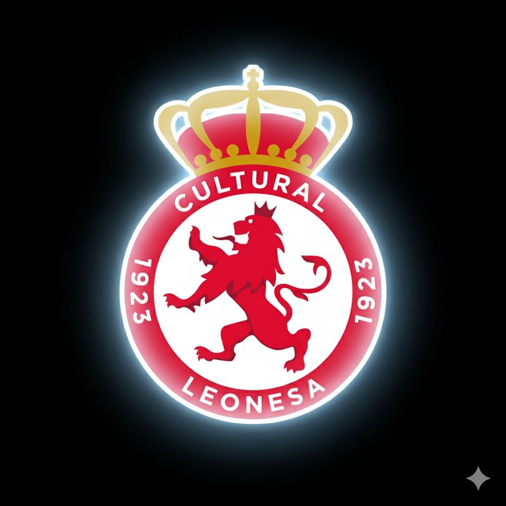 Cultural Leonesa regalo futbol, neón led vinilo con metacrilato Deportivo con Corona y León Rojo, escudo Iluminado medidas 40x30cm