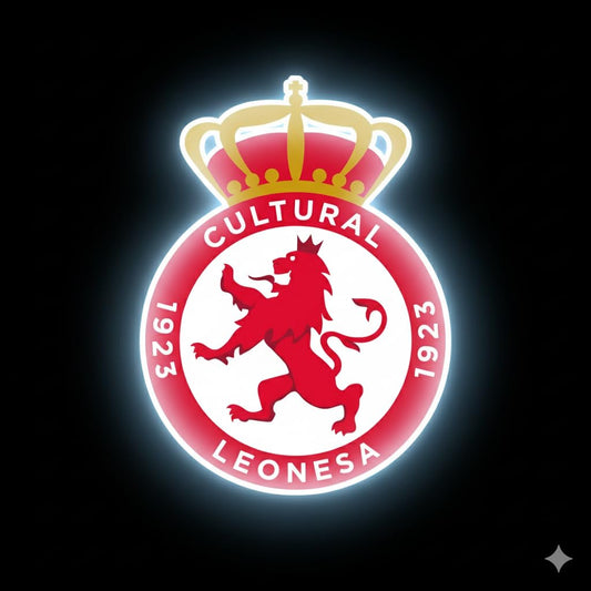 Cultural Leonesa regalo futbol, neón led vinilo con metacrilato Deportivo con Corona y León Rojo, escudo Iluminado medidas 40x30cm