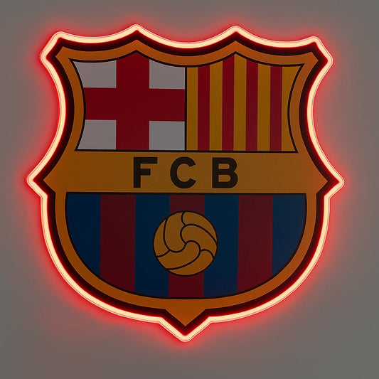 SOLOLED Regalos Barcelona Luminoso LED, Decoración de Pared, Iluminación Roja LIGA DE FUTBOL ESCUDO MEON LED,METACRILATO Y VINILO.MEDIDAS 35X30 CM