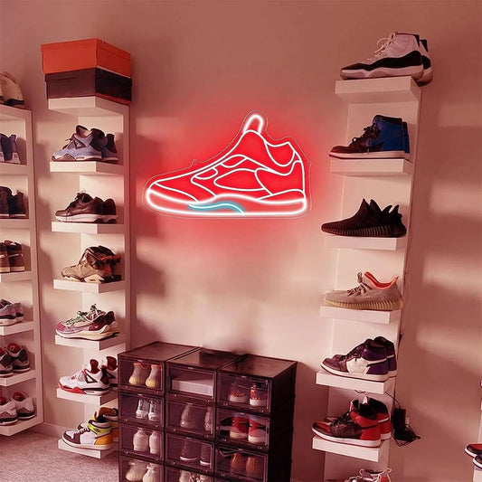 Letrero de Neón LED Decorativo, Diseño de Zapatilla Deportiva, Iluminación Roja y Azul para Tienda