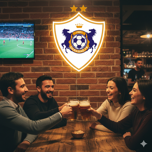 Escudo de futbol FK Qarabag Club, Diseño con medidas metacrilato 40x35cm aproximadamente dependiendo el diseño del escudo con neon led,metacrilato y vinilo color.Alimentacion 12v,cable 2m y cadena para colgar en pared incluido.
