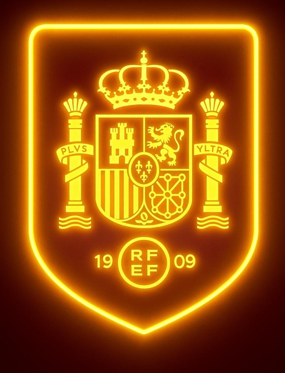 Lámpara escudo LED neon con vinilo y metacrilato transparente de Pared con Escudo de Regalos España y selección de fútbol Luz Amarilla Neón, Diseño Deportivo Español, 1909 selección española