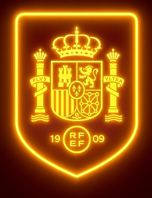 Lámpara escudo LED neon con vinilo y metacrilato transparente de Pared con Escudo de Regalos España y selección de fútbol Luz Amarilla Neón, Diseño Deportivo Español, 1909 selección española