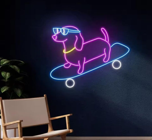 Señal de Neón Decorativa, Diseño de Perro Salchicha en Monopatín, Iluminación LED