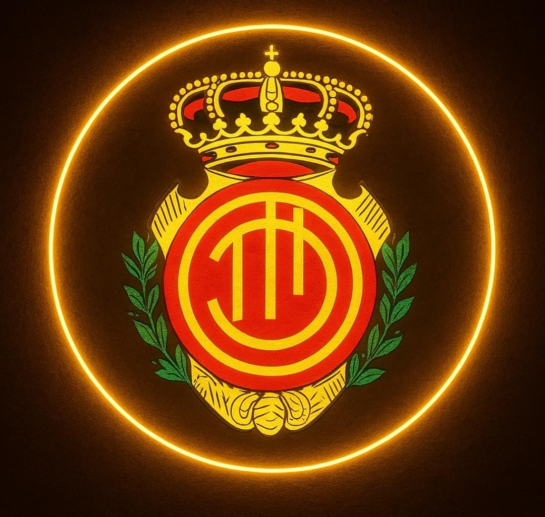 Lámpara LED de Pared neón metacrilato y vinilo escudo regalos Mallorca decorativa de fútbol liga con Diseño de Corona Real, Iluminación Neón Amarilla y Roja