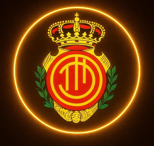 Lámpara LED de Pared neón metacrilato y vinilo escudo regalos Mallorca decorativa de fútbol liga con Diseño de Corona Real, Iluminación Neón Amarilla y Roja