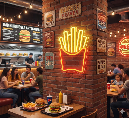 Letrero Neón de Patatas Fritas, Luz neón LED, Colores, Decoración de Pared con base metacrilato transparente,cadena,cable de 1.5 m y alimentación 12v medidas 50x25 cm