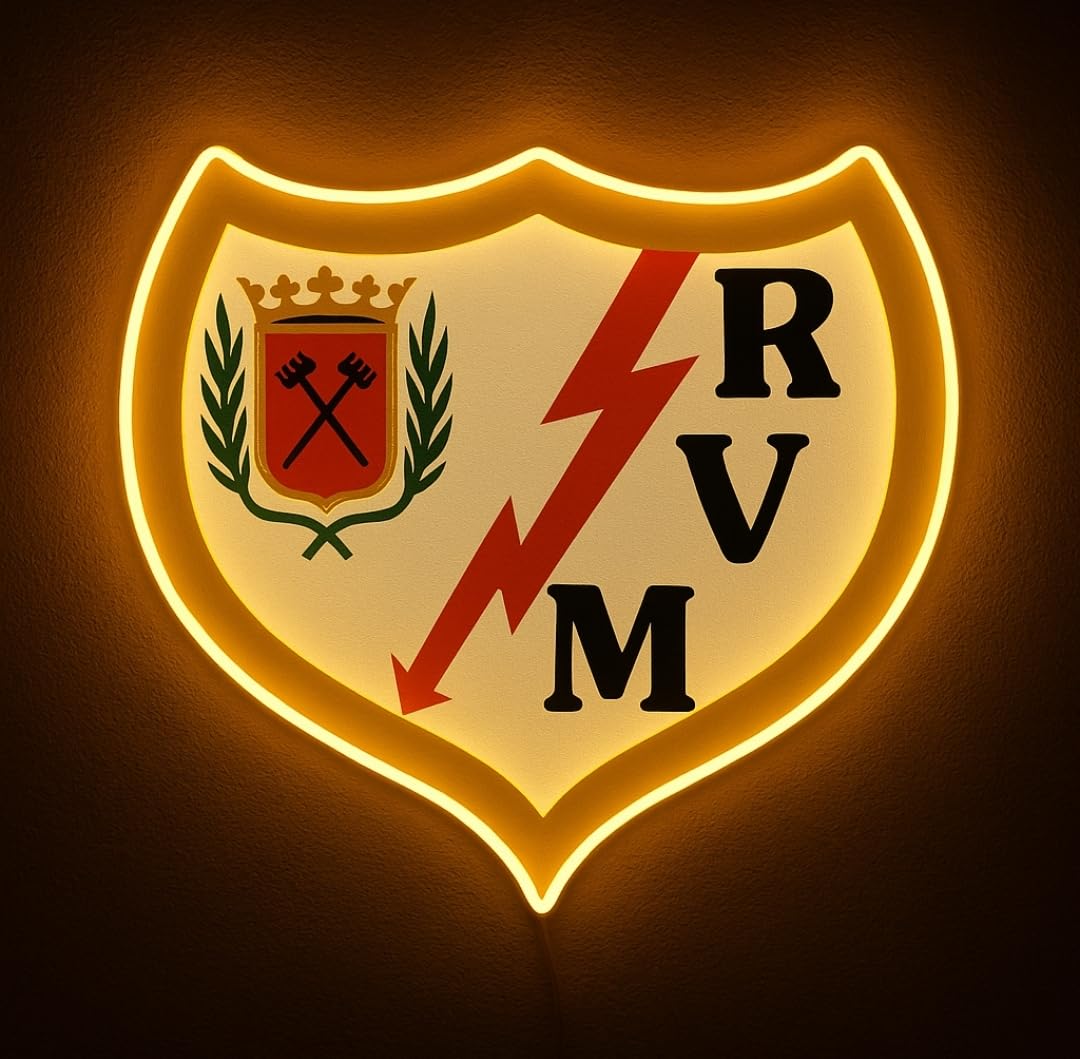 Lámpara de Pared LED neón metacrilato y vinilo, escudo de fútbol,Decorativa con Escudo Heráldico,Rayo Iluminación Ambiental, Diseño vallecano,medidas 33x32 cm