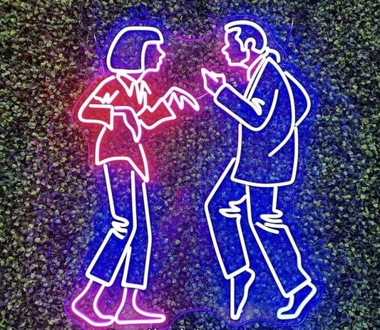Letrero de Neón LED Decorativo,Luz de letrero LED de neón Pulp Fiction icónica escena de baile fan arte decorac Diseño de Siluetas Artísticas, Iluminación Multicolor Azul y Rosa, Montaje en Pared