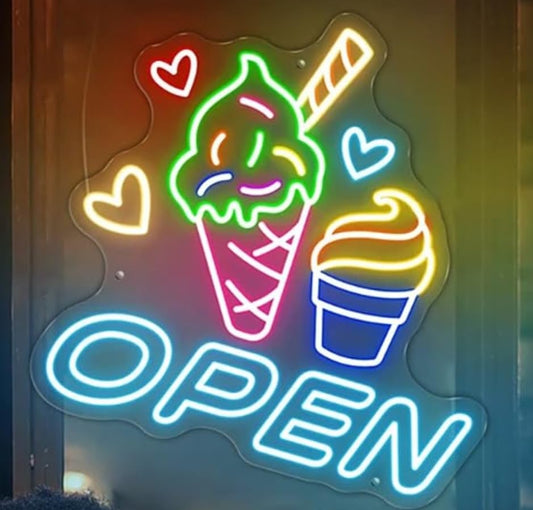 Cartel de Neón LED Decorativo, Diseño de Helado y Corazones, Multicolor, Letrero Luminoso OPEN 60l. x 50an. centímetros ALIMENTACION 12V