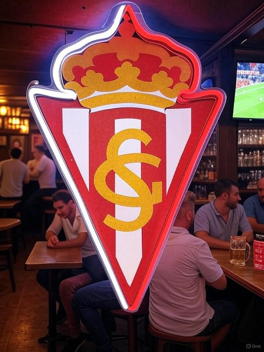 1 escudo GIJON club de fútbol con Pantalla metacrilato y vinilo con neón LED de Bar Deportivo, de la liga de futbol, Ambiente de Pub