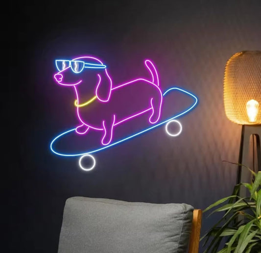 Señal de Neón Decorativa, Diseño de Perro Salchicha en Monopatín, Iluminación LED