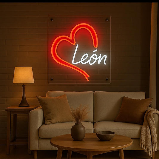Letrero LED Decorativo de Neón con Diseño de Corazón y Texto 'León', Iluminación en Rojo y Blanco