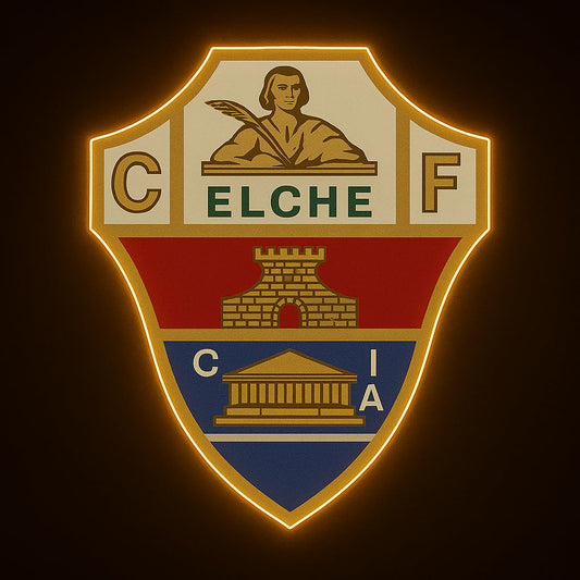 Elche REGALOS Escudo Fútbol, Emblema Deportivo, Diseño Dorado LIGA DE FUTBOL elche liga de futbol medidad 40x30 cm metacrilato neon,vinilo