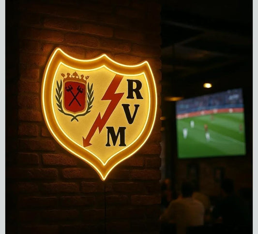 cartel escudo de neón led flex metacrilato y vinilo de Rayo Vallecano de la liga de fútbol,regalo, para pared de un bar