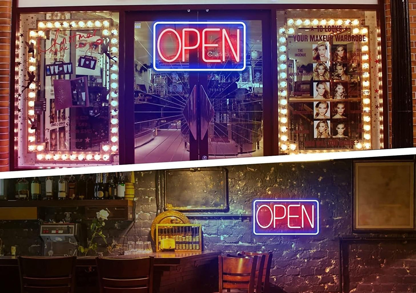 Neon OPEN Luces de Neón LED Letrero Luminosos Letrero Neon para Pared Decorar Bar Hotel Tienda Café Restaurante Letrero(azul rojo)