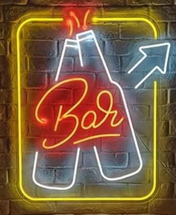 Letrero LED Neón Bar con Botellas, Decoración de Pared, 60x45cm, Amarillo y Rojo