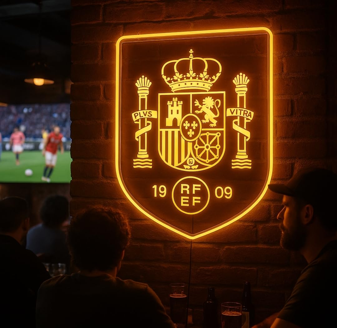 Lámpara escudo LED neon con vinilo y metacrilato transparente de Pared con Escudo de Regalos España y selección de fútbol Luz Amarilla Neón, Diseño Deportivo Español, 1909 selección española
