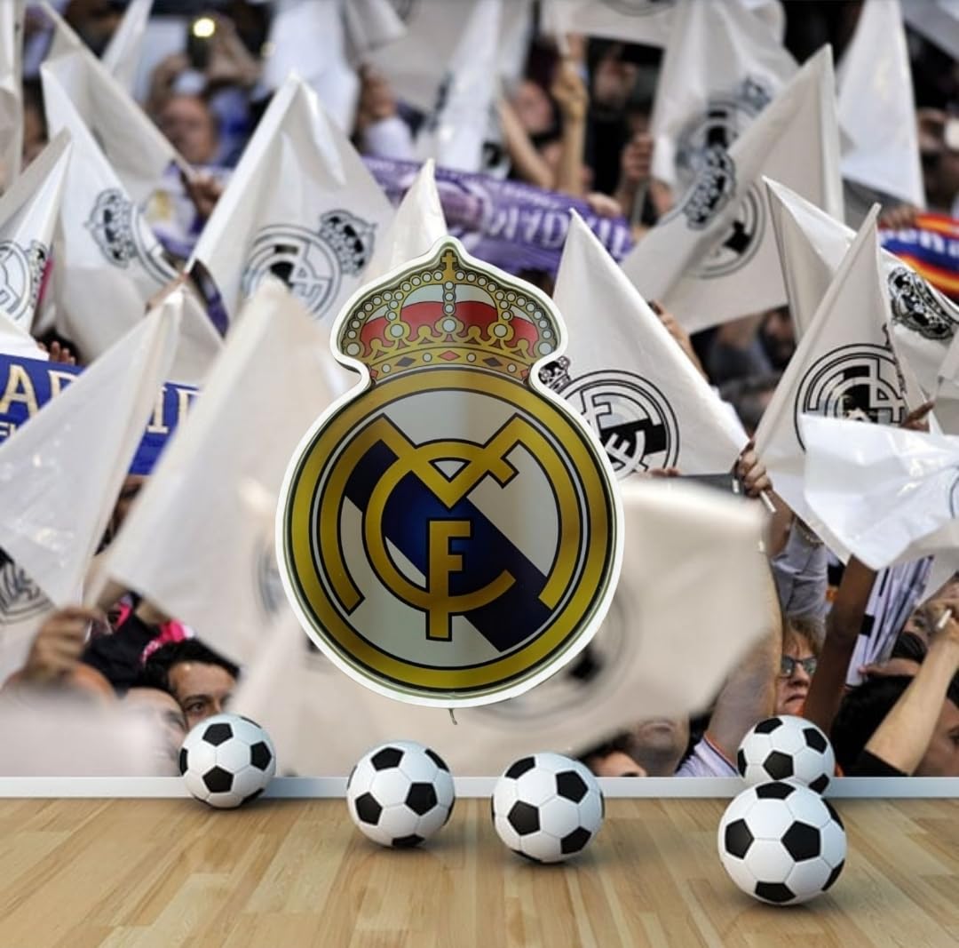 Carrel escudo Real Madrid liga Fútbol Emblema Deportivo, Azul y Dorado neón led vinilo y metacrilato medidas 40x30cm con alimentación 12v